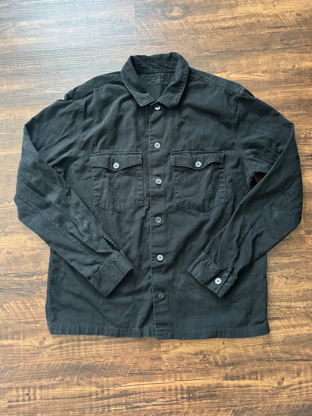 AllSaints Spotter Slim Fit Long Sleeve Black Overshirt | 100% Cotton